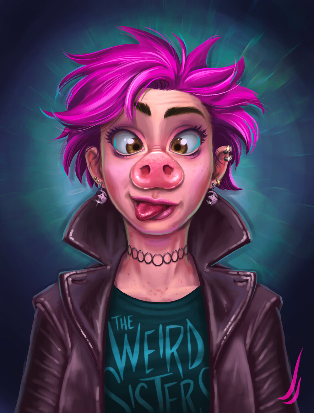 Tonks with pink hair and a pig nose.